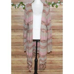 Maurices Boho Long Cardigan Sweater Size 3 Open Front Striped Brown Pink Fringe